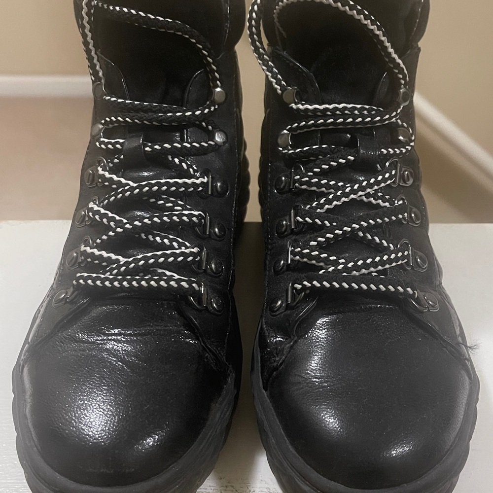 Black Marc Fisher bootie with black and white laces.